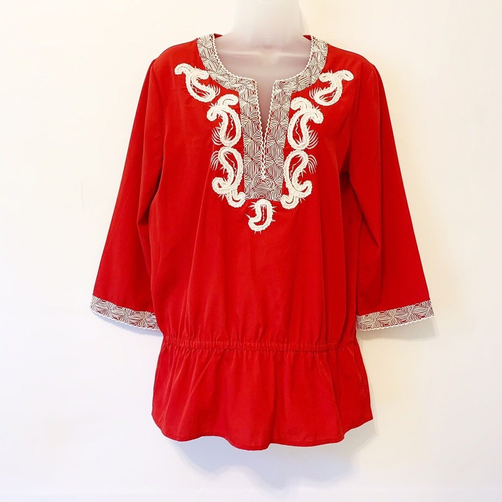 Chicos Red Peplum Embroidered 3/4 Sleeve Top